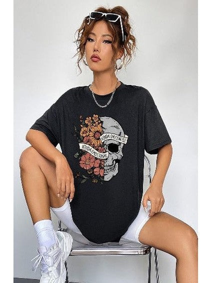 Women Round Neck Short Sleeve Skull Graphic T-Shirt