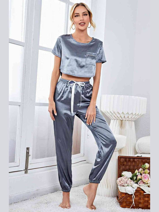 Women Satin Short Sleeve Crop Top and Joggers Lounge Set