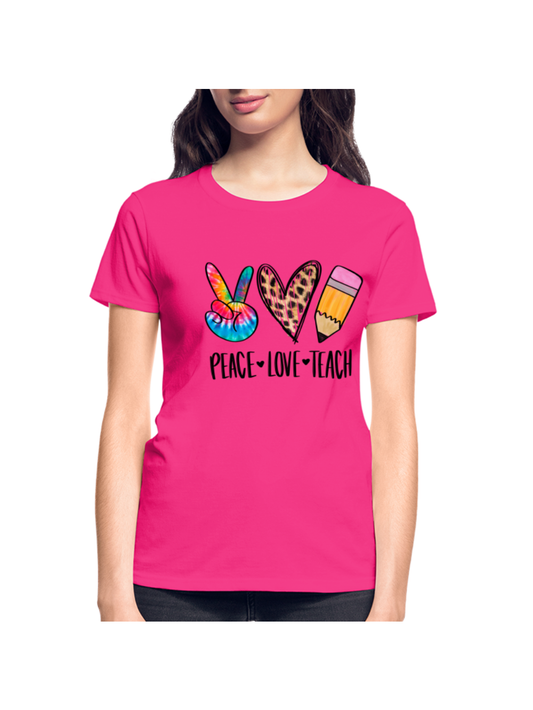 Women pink short sleeve t-shirt with Peace Love Teach colorful graphic print