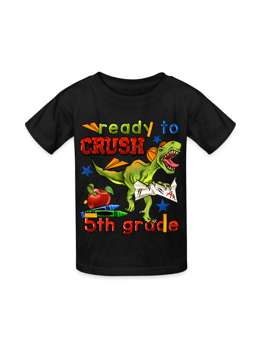 Black boys short sleeve tee shirt with colorful "Ready to Crush 5th Grade" text and a green dinosaur holding an A+ paper, featuring school-themed graphics for back to school.