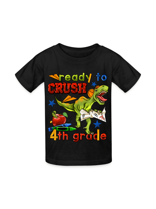 Boys black short sleeve t-shirt with colorful dinosaur and text "Ready to CRUSH 4th grade" back to school design