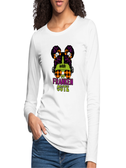 Women’s white long sleeve Halloween t-shirt with colorful Frankenstein-themed graphic and "So Franken Cute" text