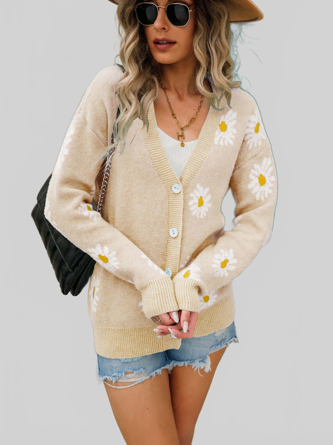 Women Daisy Pattern Button Front Cardigan Sweater