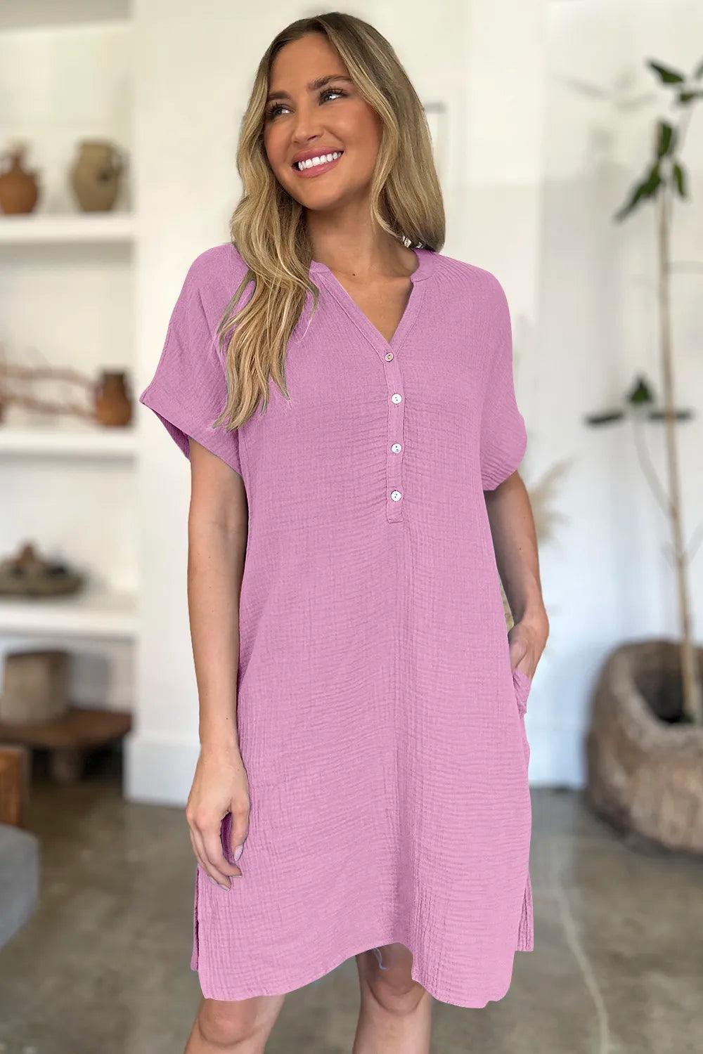 FAM-FAM Slit Notched Short Sleeve Mini Dress Trendsi