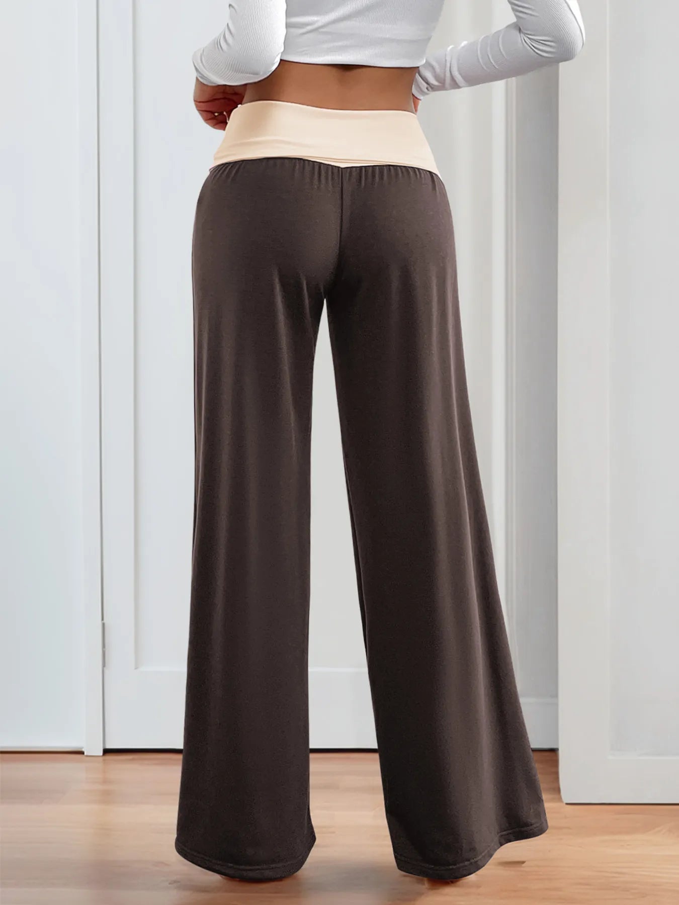 Women Contrast Waistband Wide Leg Pants nicholesgifts