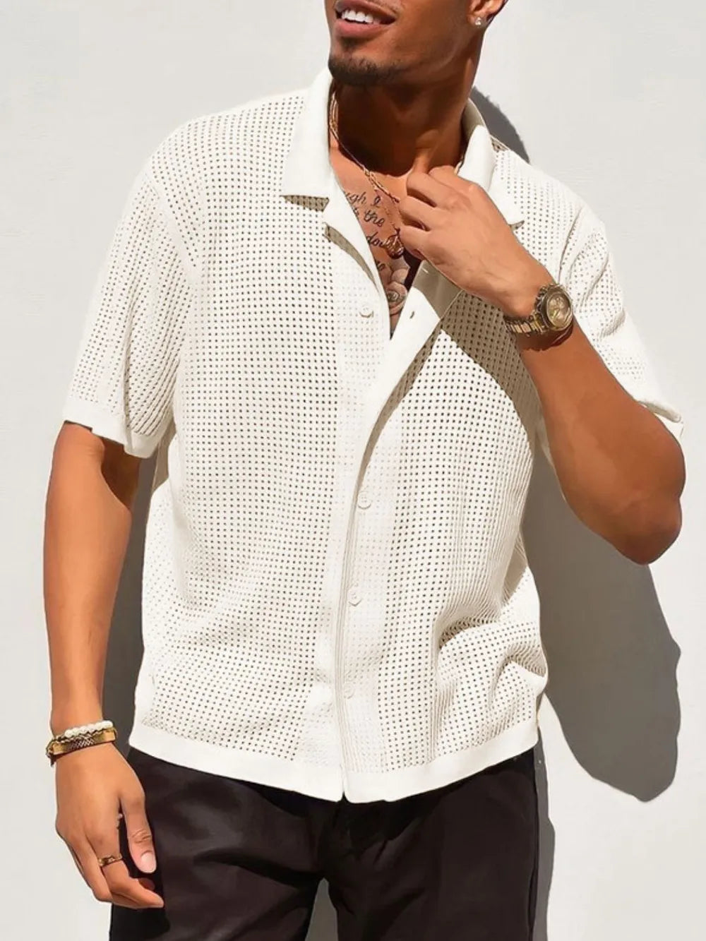 Men's Full Size Openwork Button Down Collared Neck Shirt Plus Size NicholesGifts
