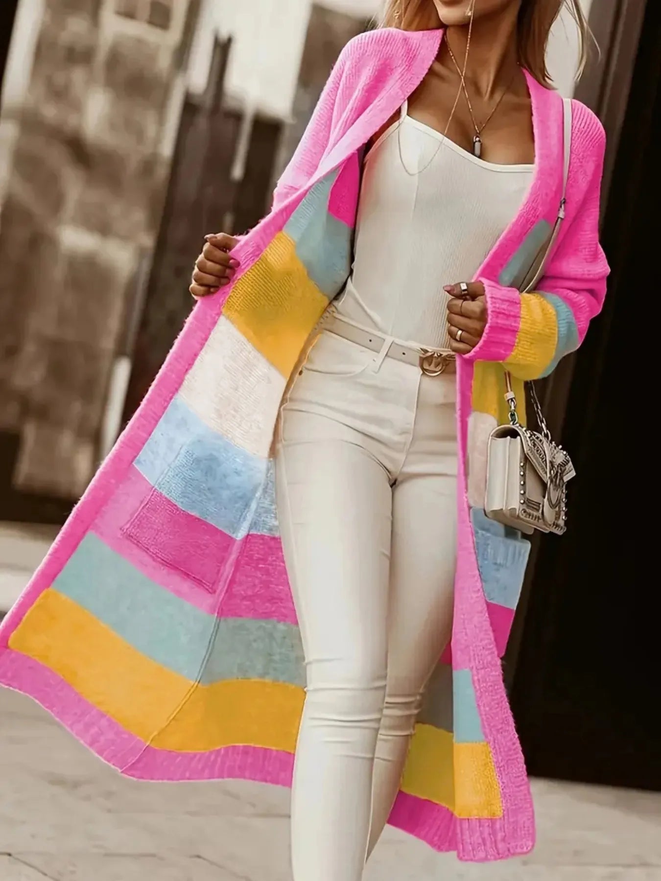 Color Block Open Front Cardigan