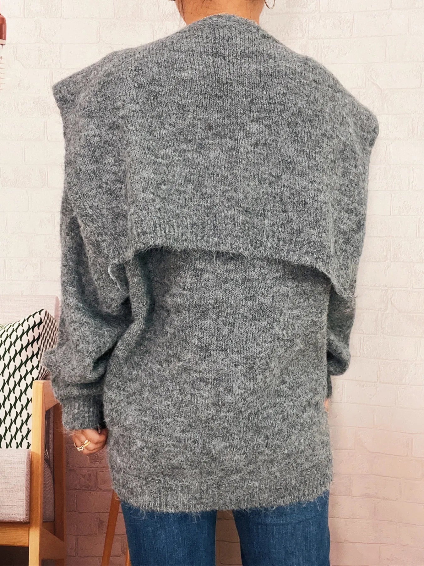 Ribbed Hem V-Neck Sweater with Shawl Trendsi