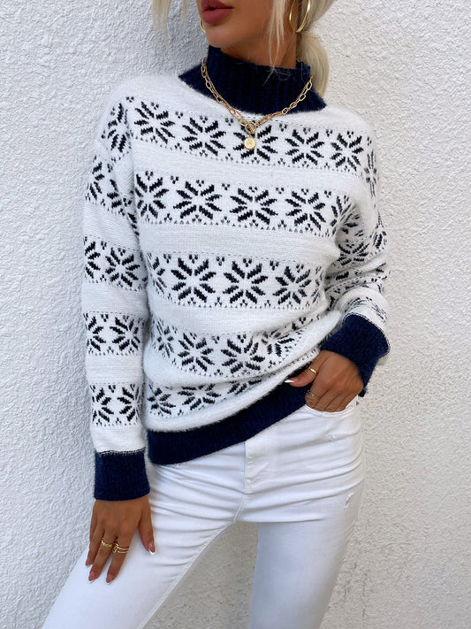 Snowflake Pattern Mock Neck Sweater Trendsi