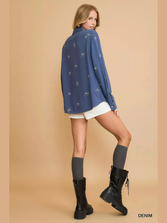 Women Umgee Linen Blend Fitted Long Sleeve Shirt with Ribbon Embroidery Details NicholesGifts