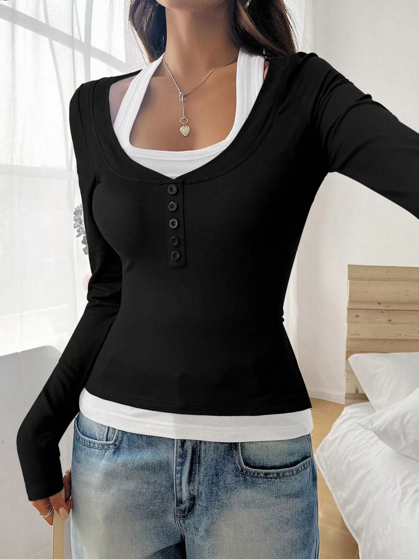 Scoop Neck Long Sleeve T-Shirt Trendsi