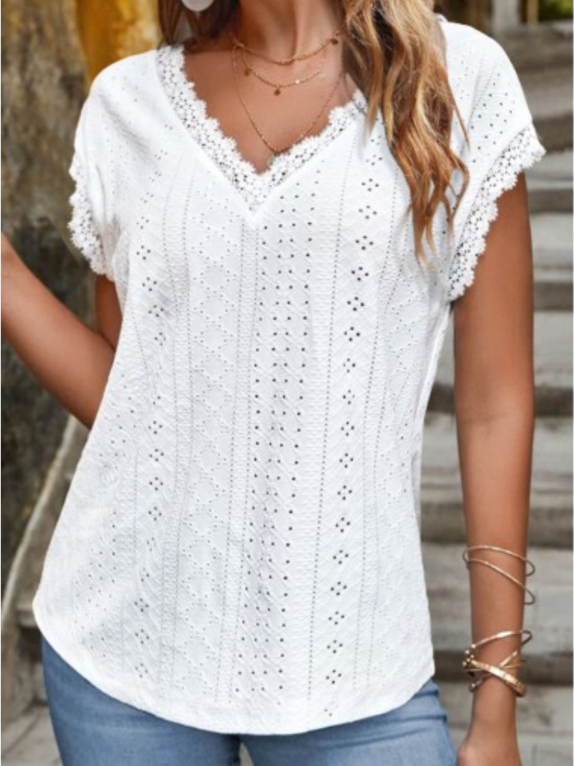 Eyelet V-Neck Cap Sleeve Blouse nicholesgifts