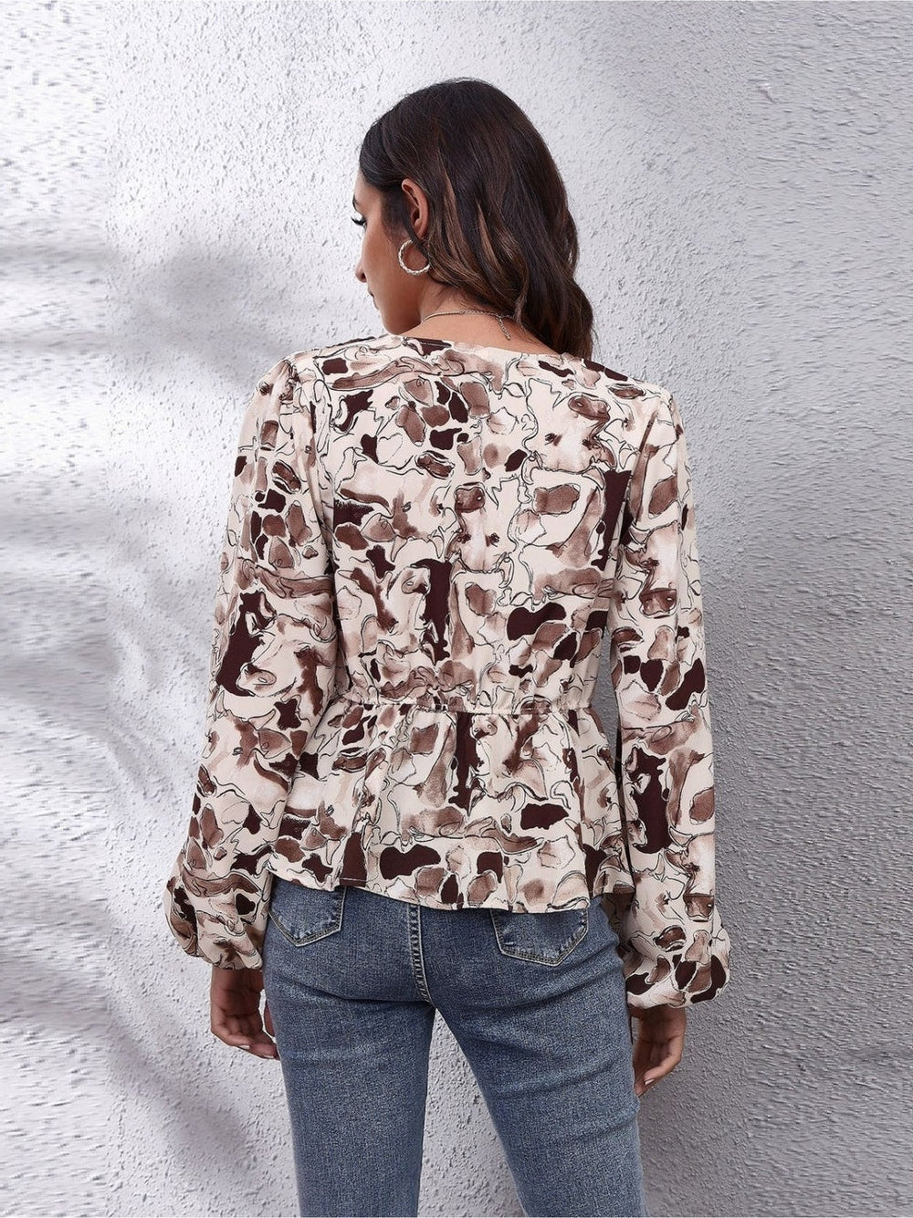 Women Ruched Printed V-Neck Long Sleeve Blouse nicholesgifts