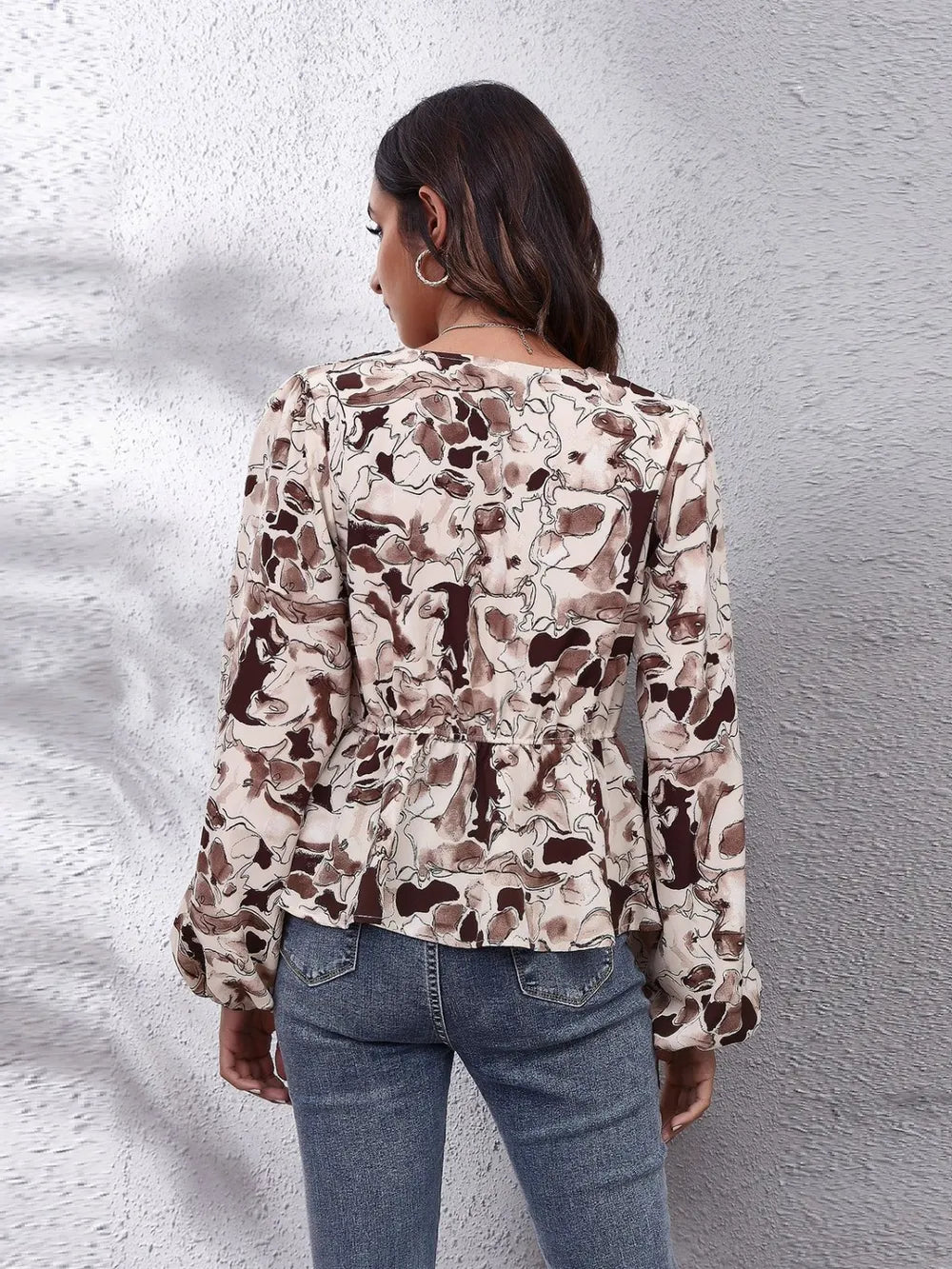 Ruched Printed V-Neck Long Sleeve Blouse nicholesgifts