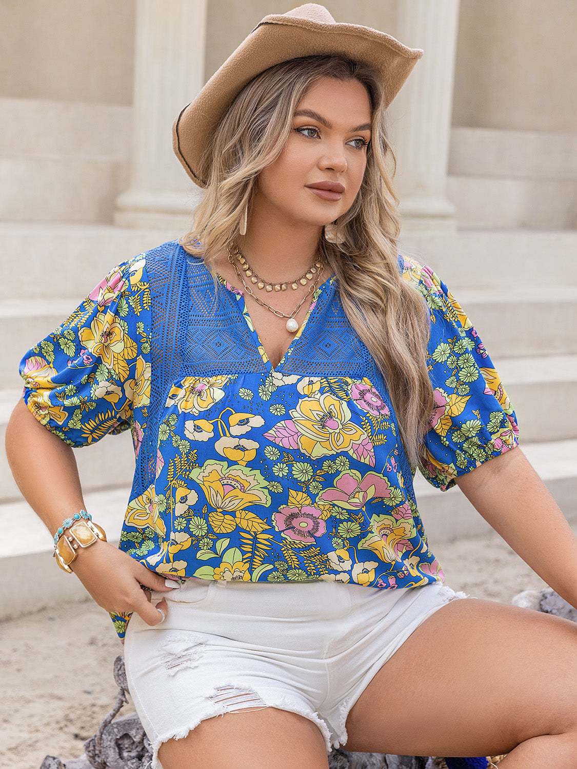 Plus Size Printed Notched Short Sleeve Blouse nicholesgifts