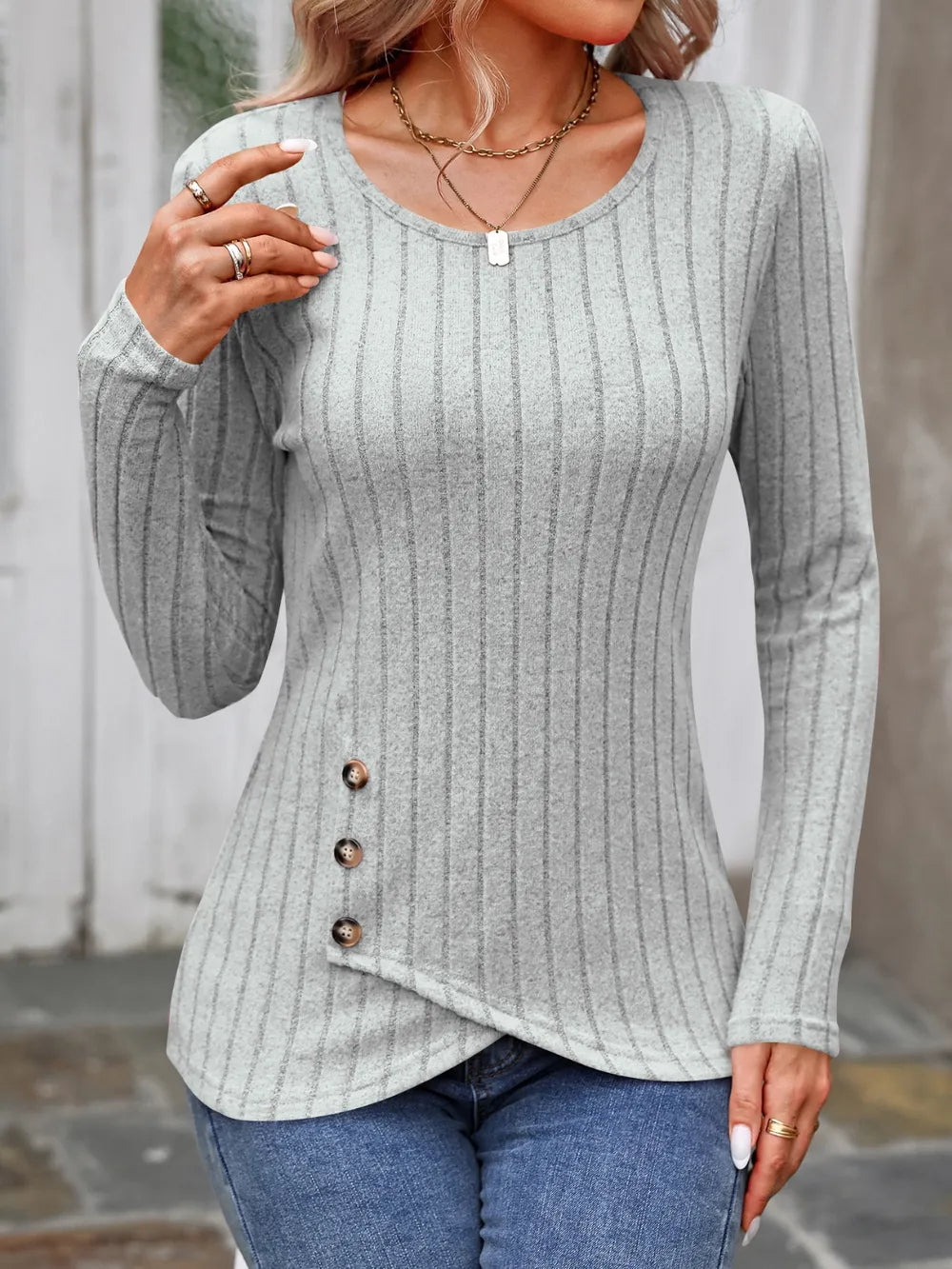 Decorative Button Round Neck Long Sleeve T-Shirt nicholesgifts