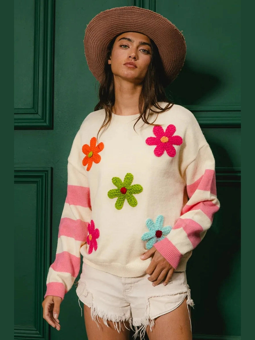 BiBi Colorful Floral Patched Sweater with Striped Sleeve Trendsi