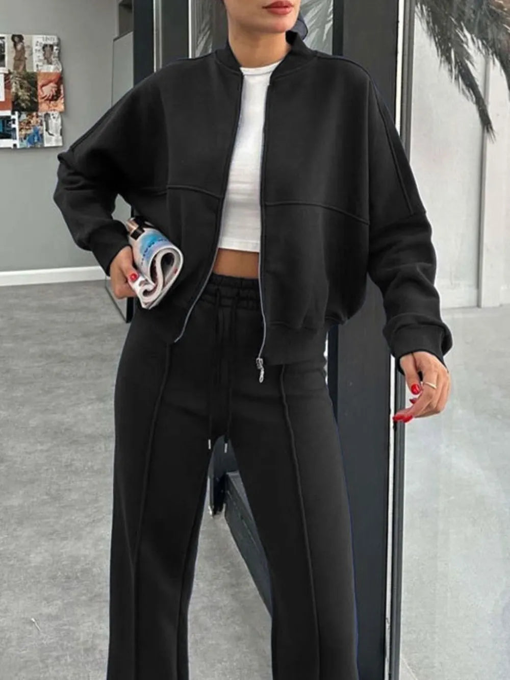 Baseball Collar Zip Up Outerwear and Drawstring Pants Set nicholesgifts