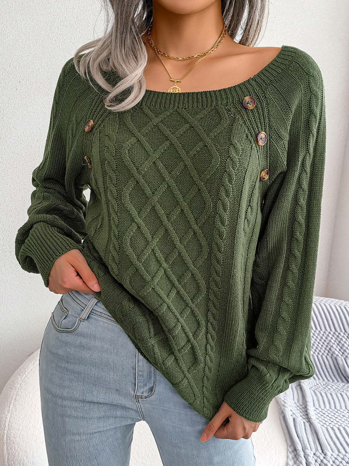 Decorative Button Cable-Knit Sweater Trendsi