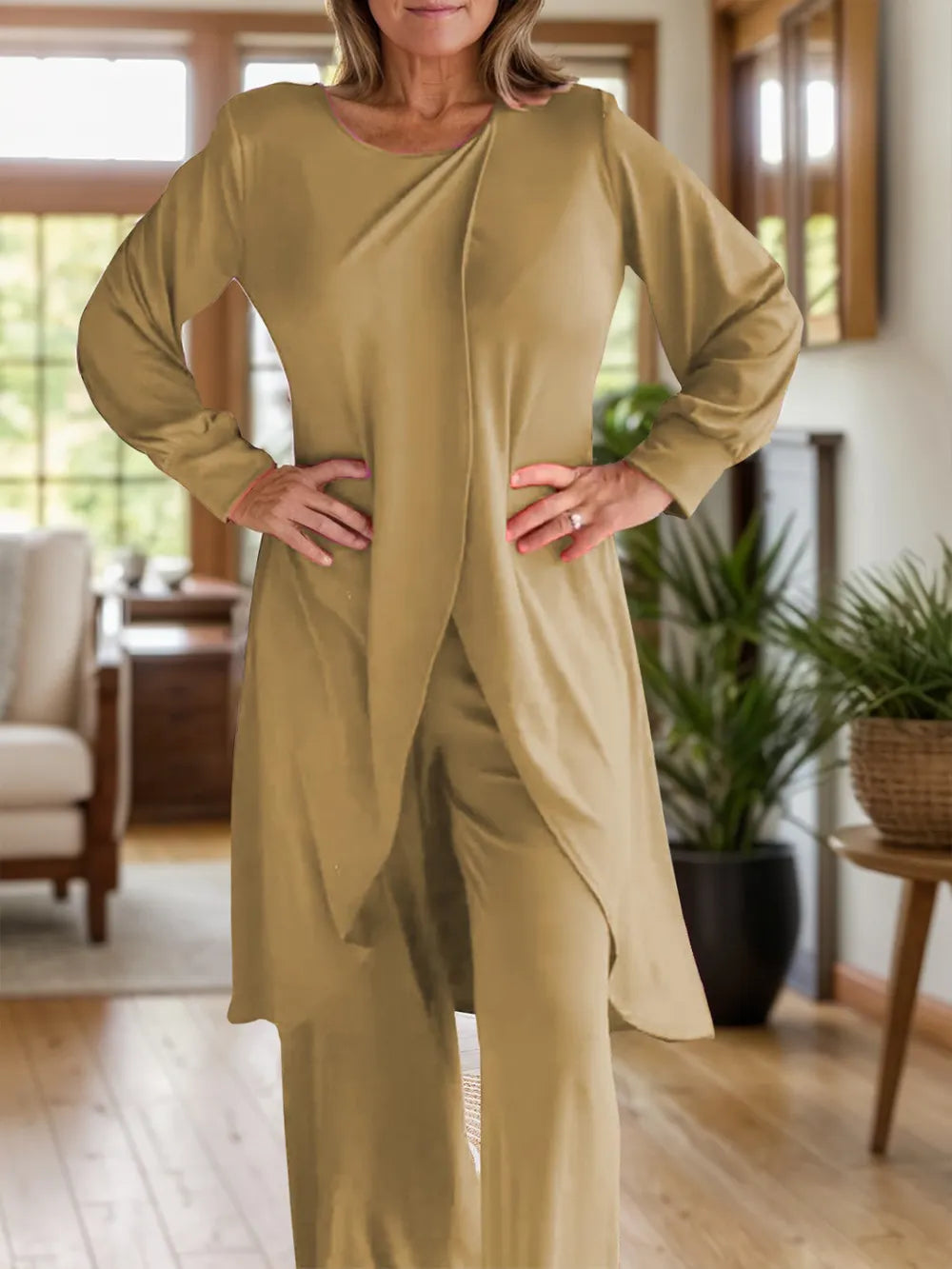 Full Size Slit Round Neck Long Sleeve Top and Pants Set Trendsi