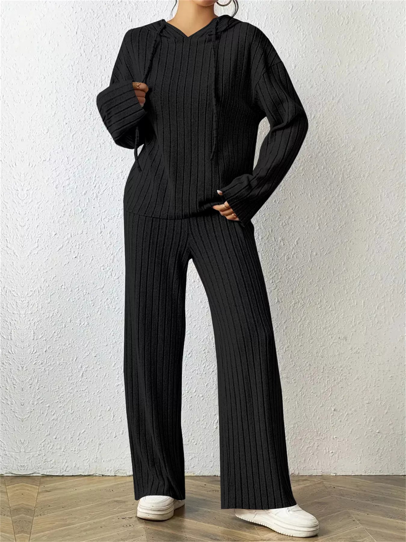 Ribbed Drawstring Hoodie and Pants Set Trendsi