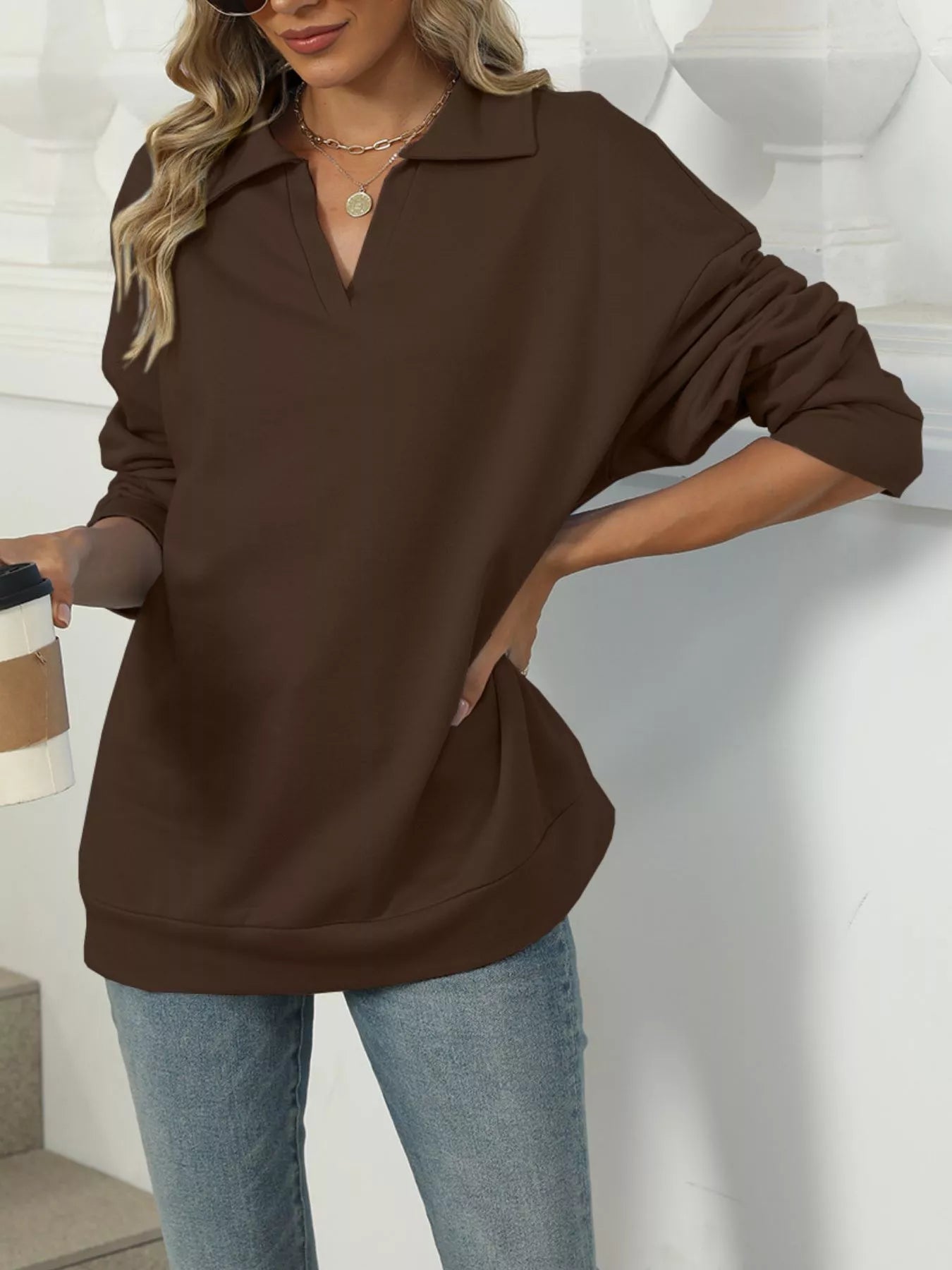 Johnny Collar Long Sleeve Sweatshirt Trendsi