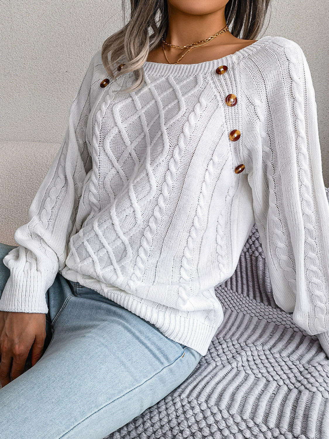 Decorative Button Cable-Knit Sweater Trendsi