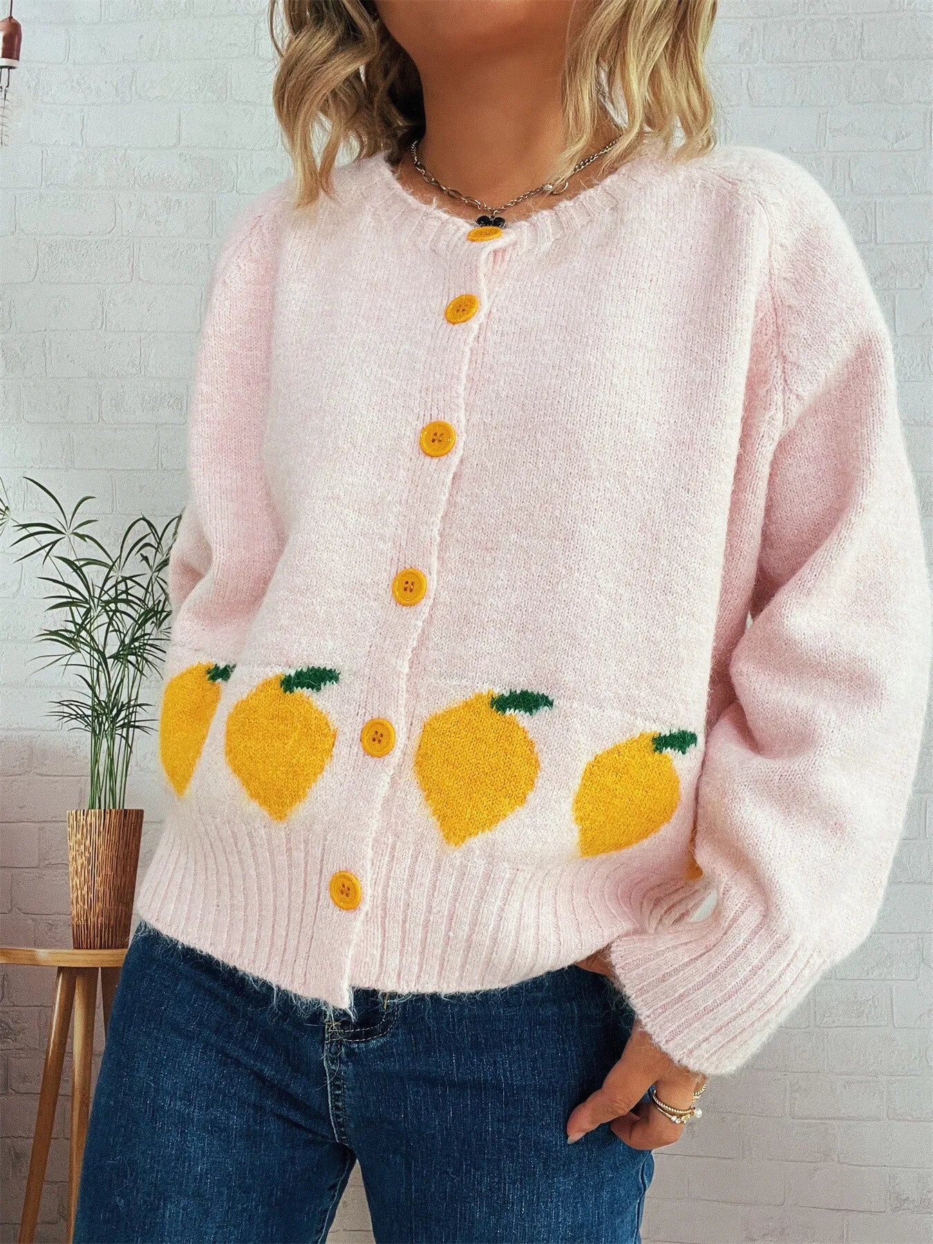 Lemon Pattern Button-Up Cardigan