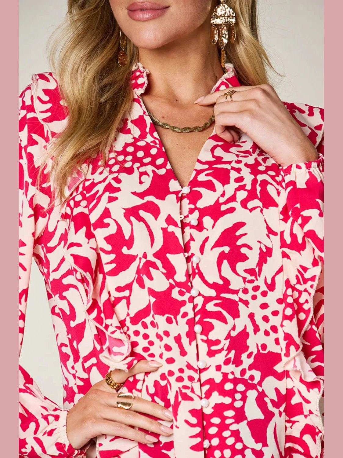 Double Take Full Size Printed Ruffle Trim Balloon Sleeve Shirt