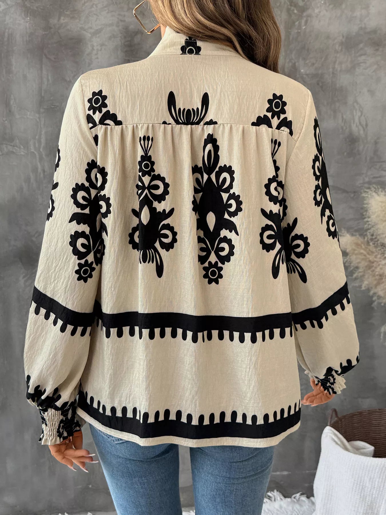 Printed Notched Lantern Sleeve Blouse NicholesGifts