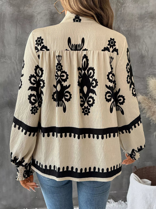 Women Printed Notched Lantern Sleeve Blouse NicholesGifts