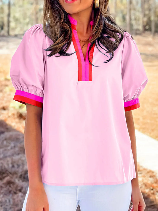 Contrast Trim Notched Short Sleeve Blouse NicholesGifts