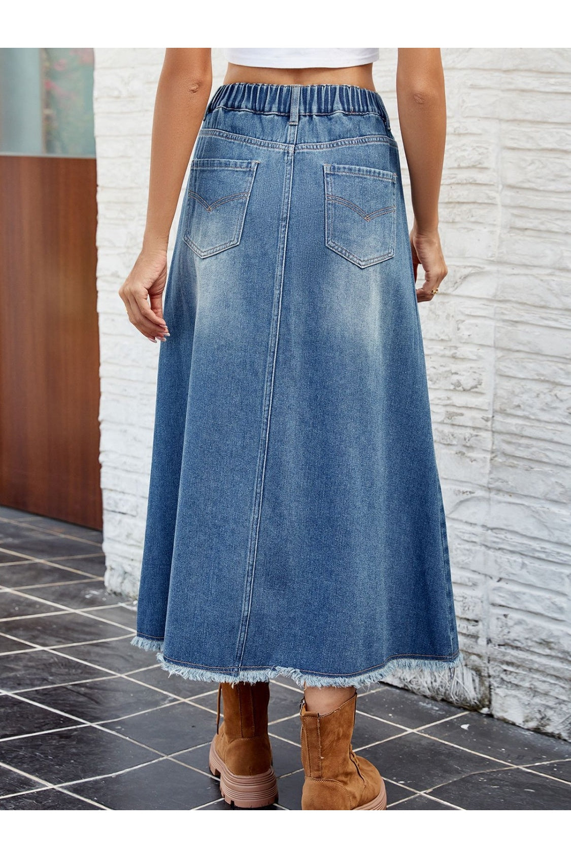 Raw Hem Buttoned Denim Skirt with Pockets nicholesgifts