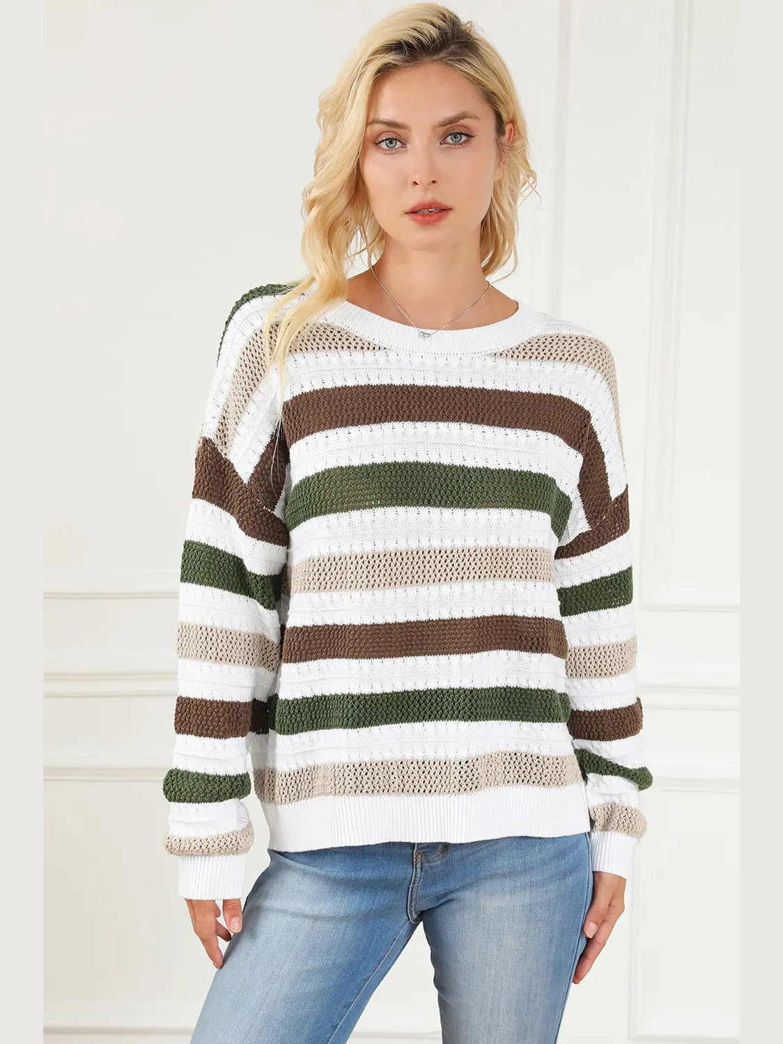 Striped Openwork Dropped Shoulder Sweater Trendsi