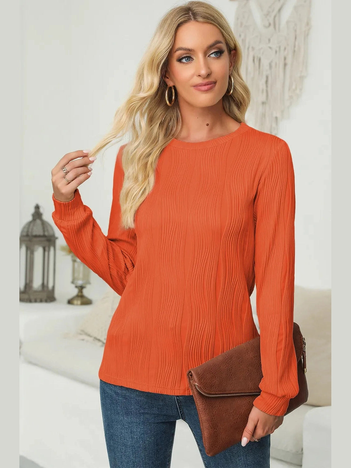 Textured Round Neck Long Sleeve Blouse NicholesGifts