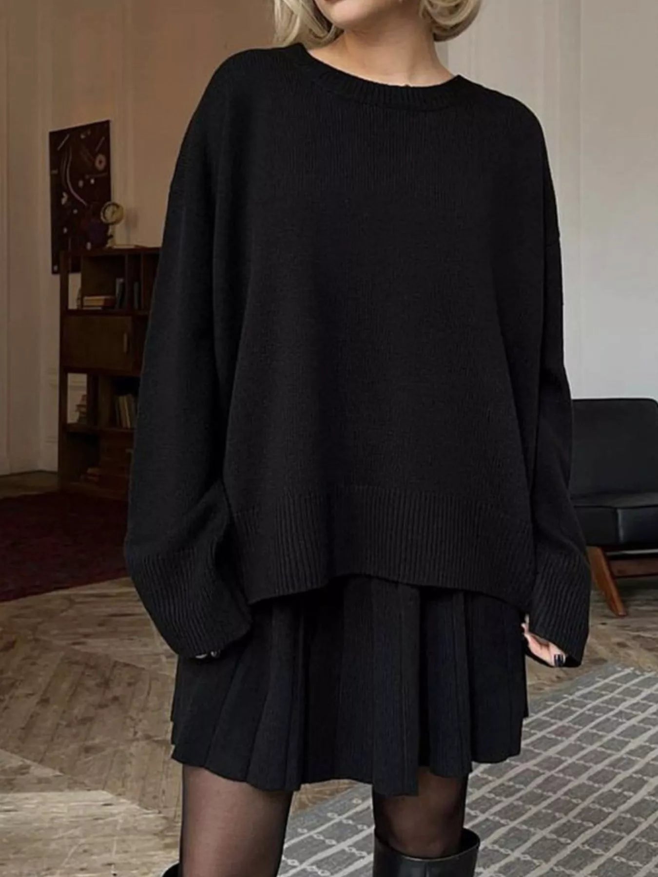 Round Neck Top and Pleated Skirt Sweater Set nicholesgifts