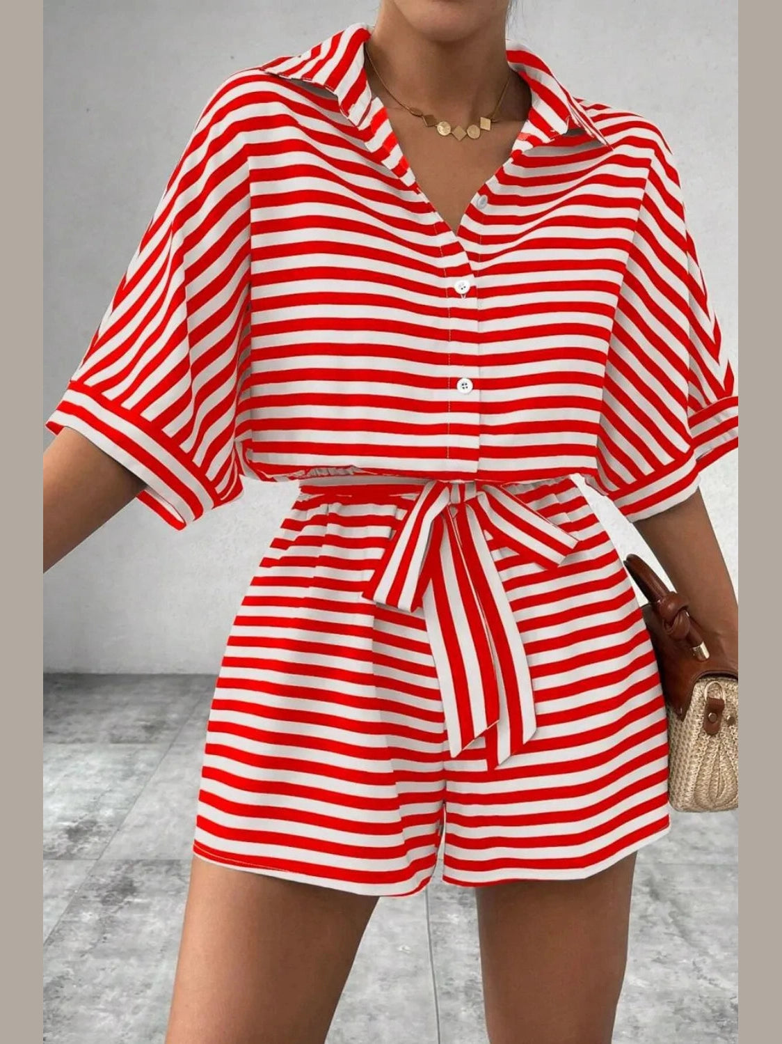Striped Collared Neck Tie Waist Romper nicholesgifts