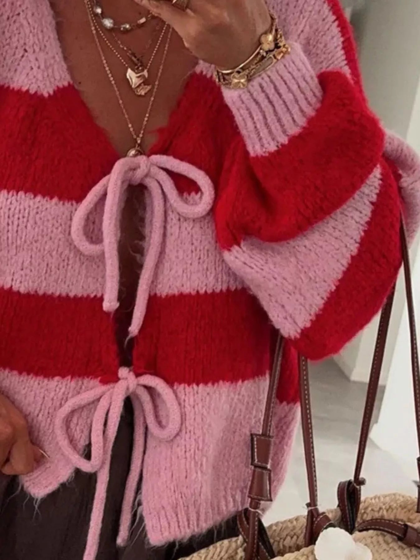 Striped Tie-Front Knit Cardigan Trendsi