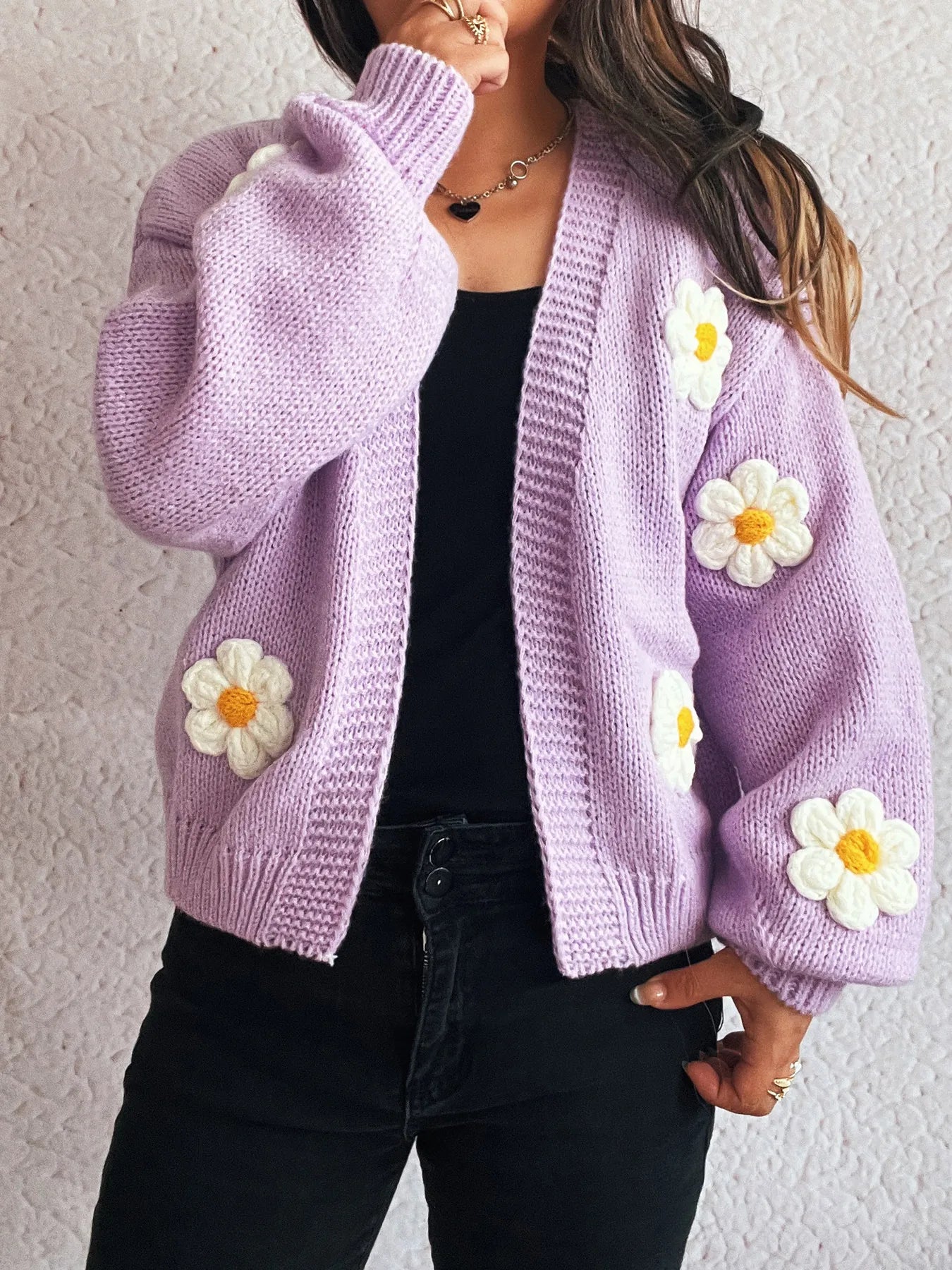 Flower Open Front Long Sleeve Cardigan