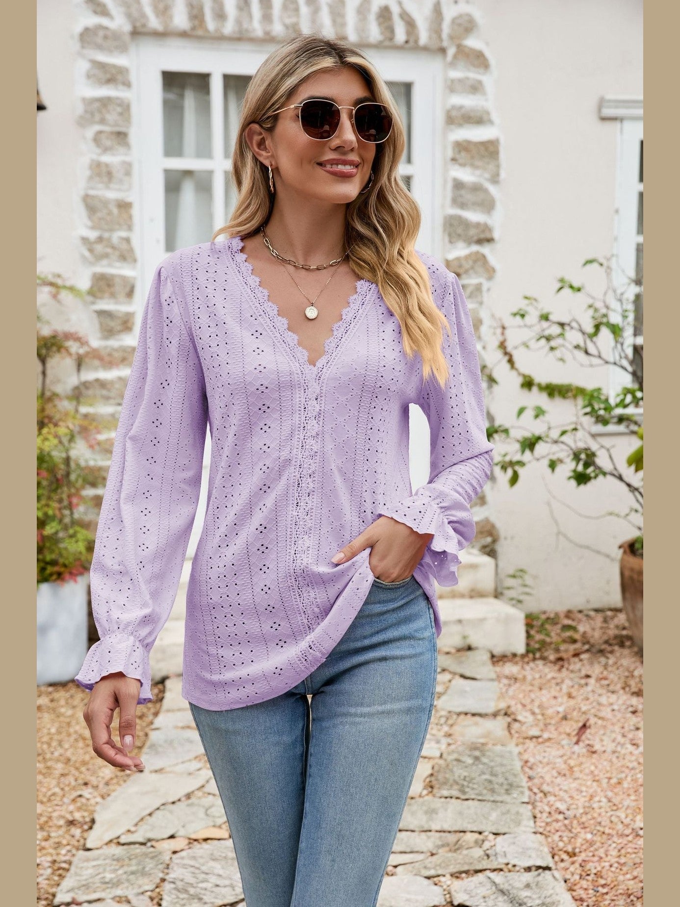 Eyelet Lace Trim Flounce Sleeve Blouse