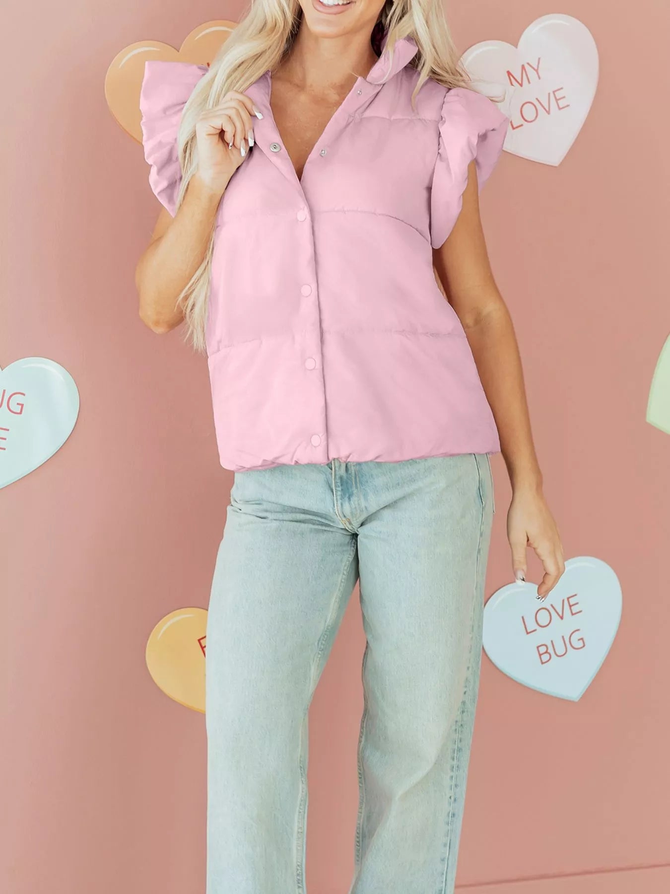 Stand Neck Flutter Sleeve Snap Button Puffer Vest nicholesgifts