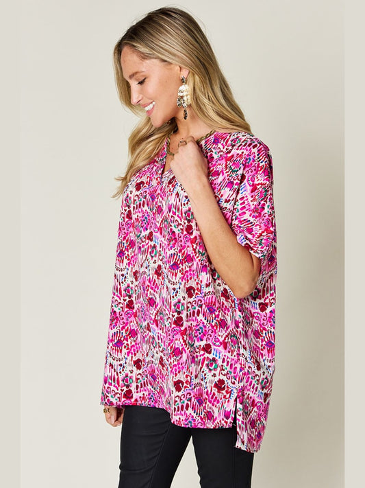 Double Take Full Size Printed V-Neck Short Sleeve Blouse NicholesGifts