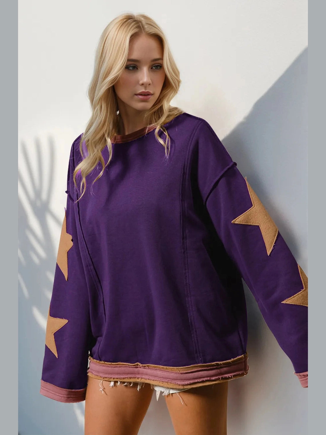 Double Take Star Patched Long Sleeve Sweatshirt Trendsi
