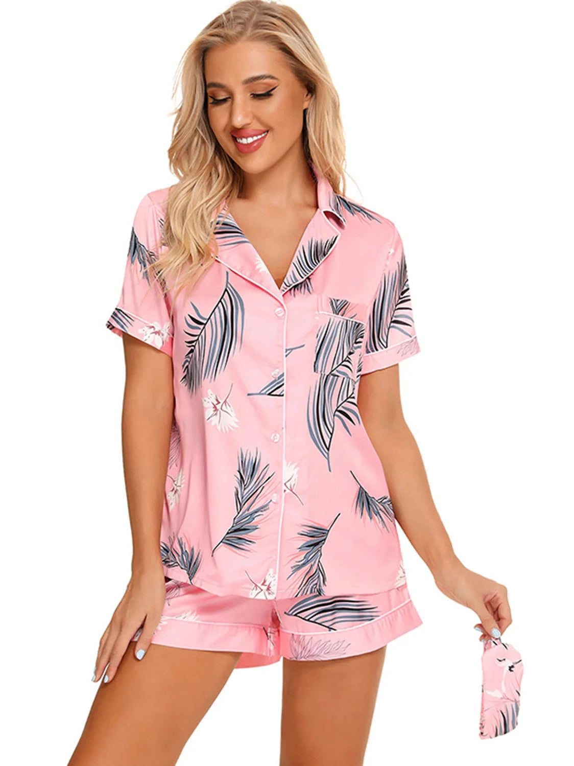Printed Button Up Short Sleeve Top and Shorts Lounge Set nicholesgifts