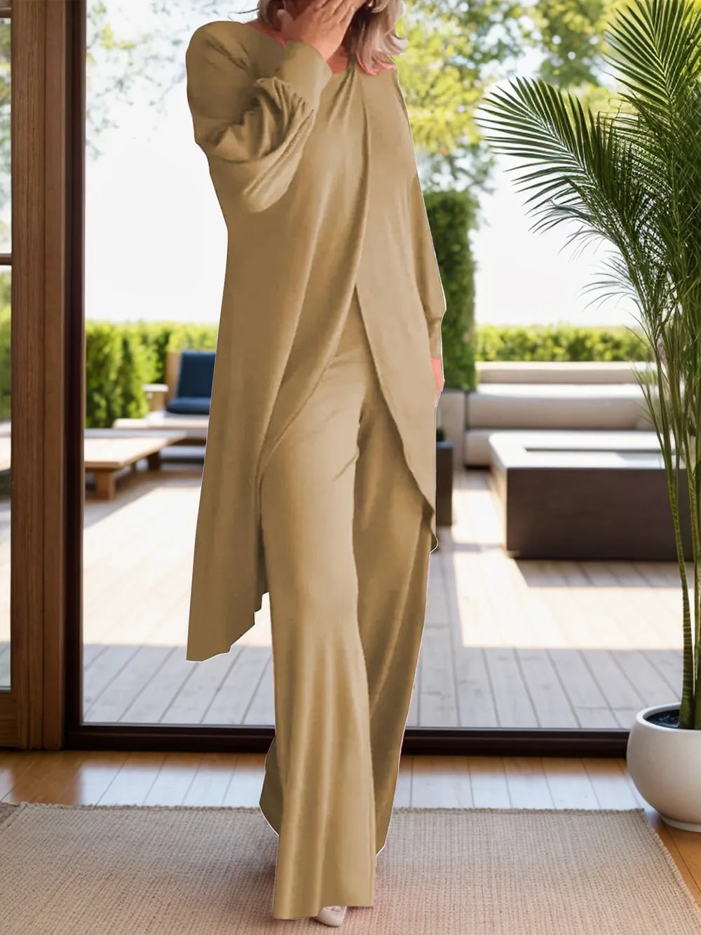 Full Size Slit Round Neck Long Sleeve Top and Pants Set Trendsi