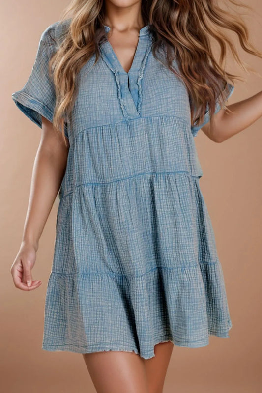 Tiered Notched Short Sleeve Dres Trendsi