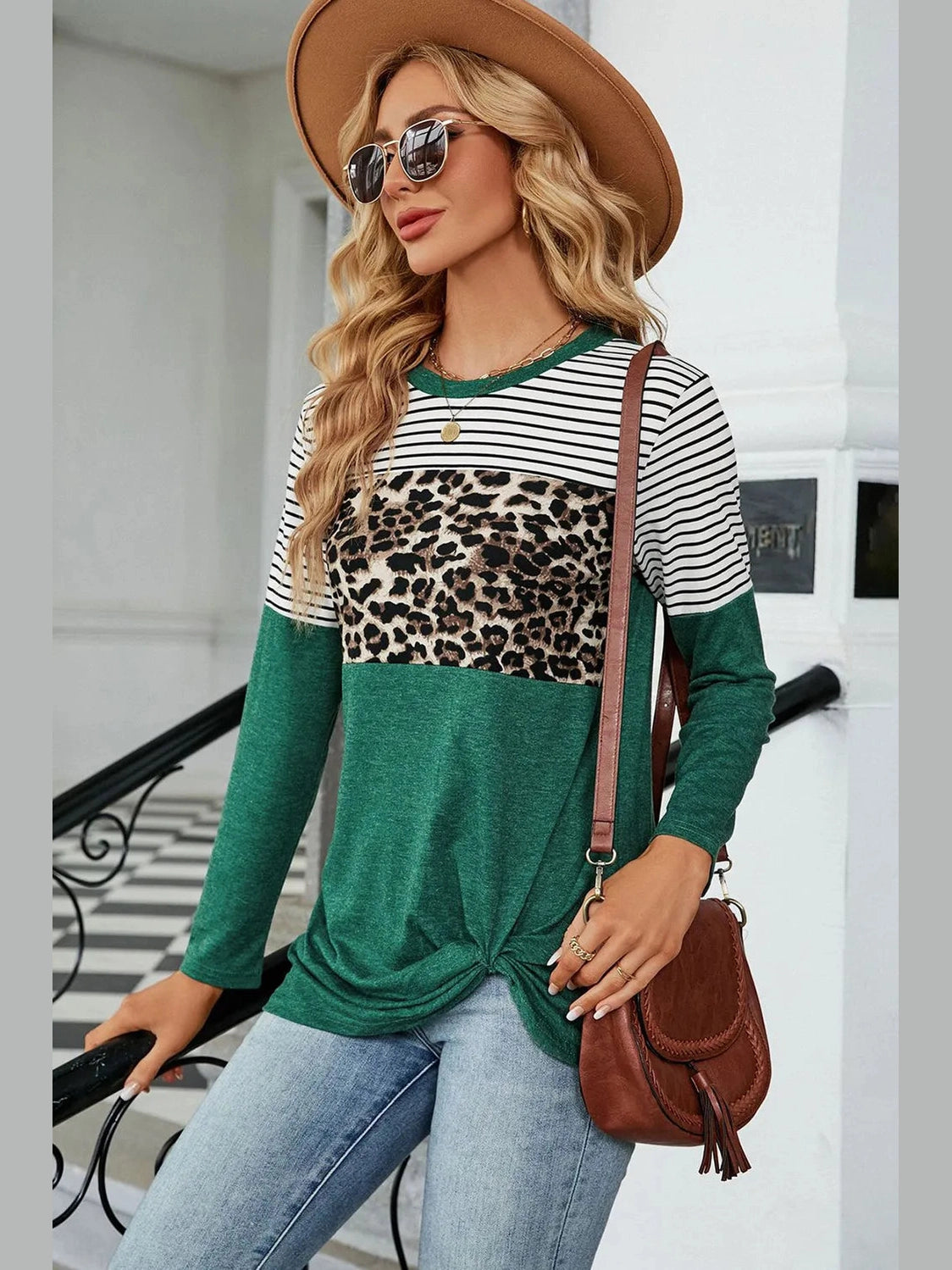 Leopard Striped Round Neck T-Shirt NicholesGifts