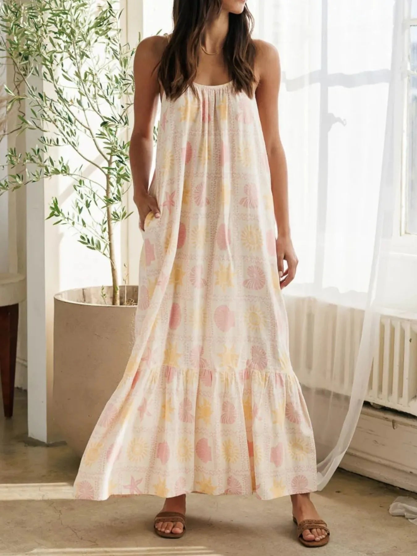 Printed Maxi Lounge Dress with Ruffled Hem nicholesgifts