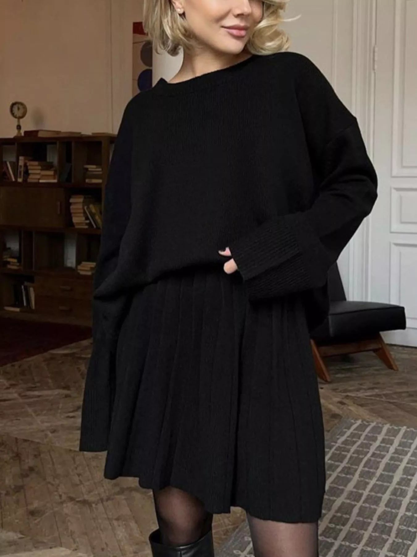 Round Neck Top and Pleated Skirt Sweater Set nicholesgifts