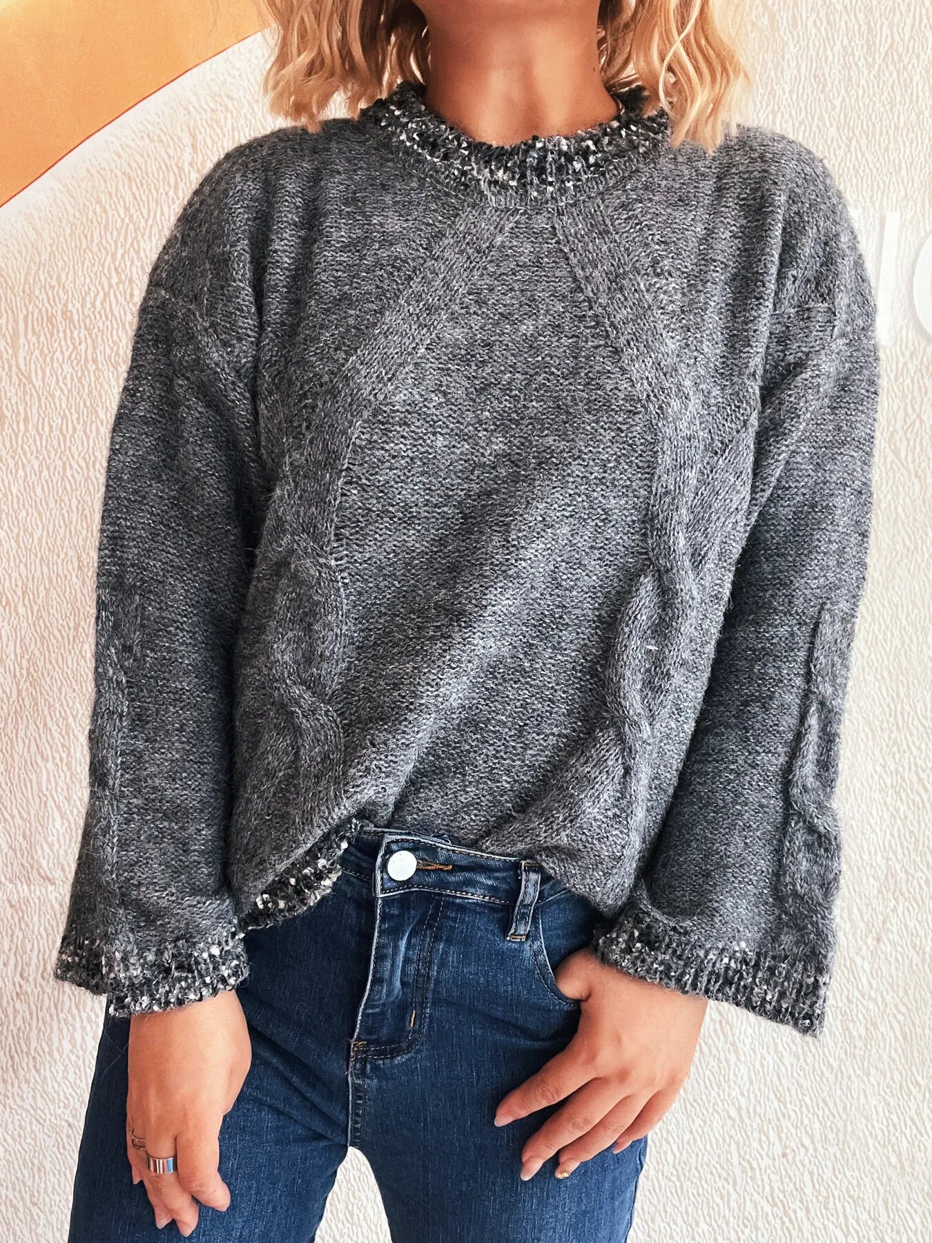 Women Contrast Trim Detail Round Neck Sweater